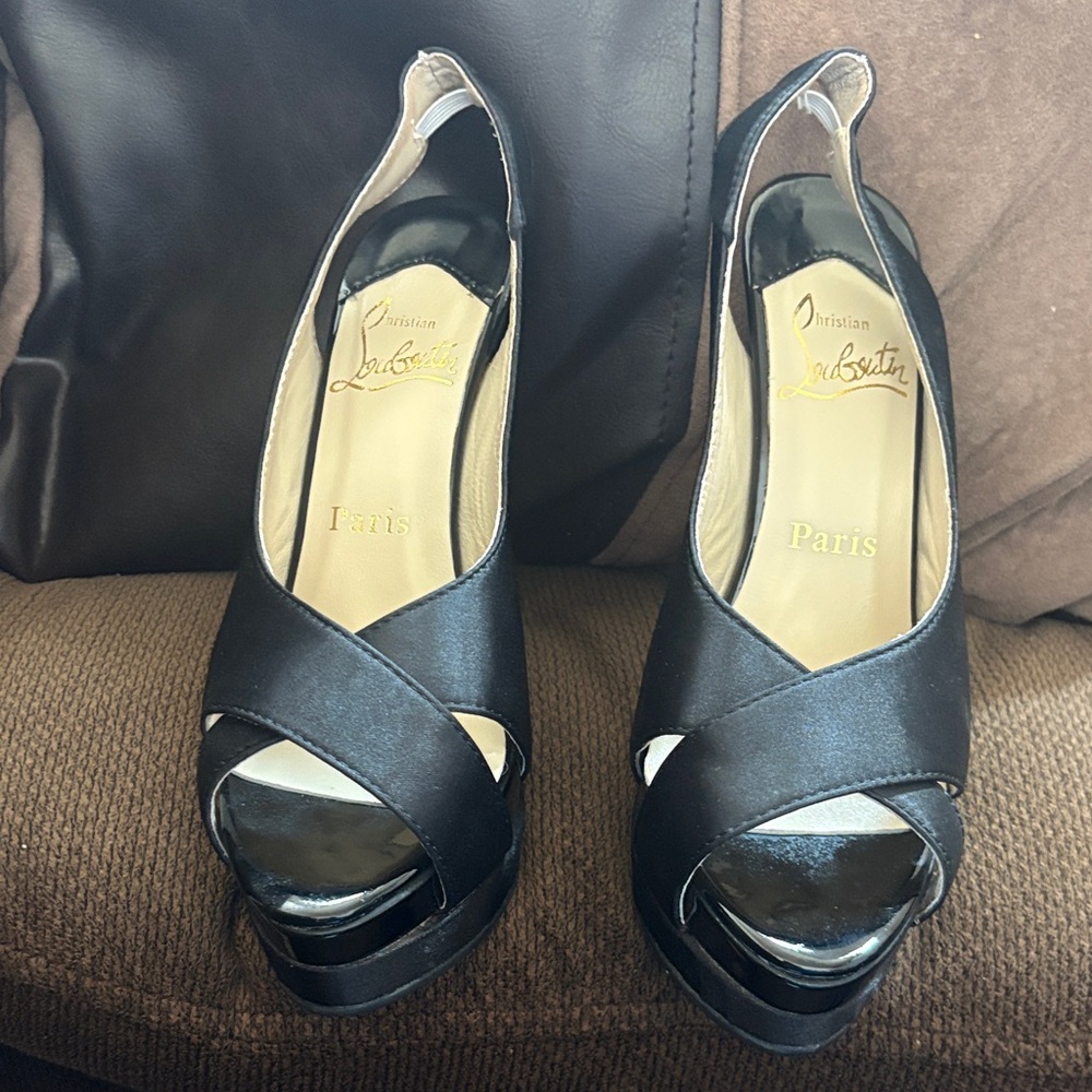 Christian Louboutin Black Satin Peep-Toe Heels